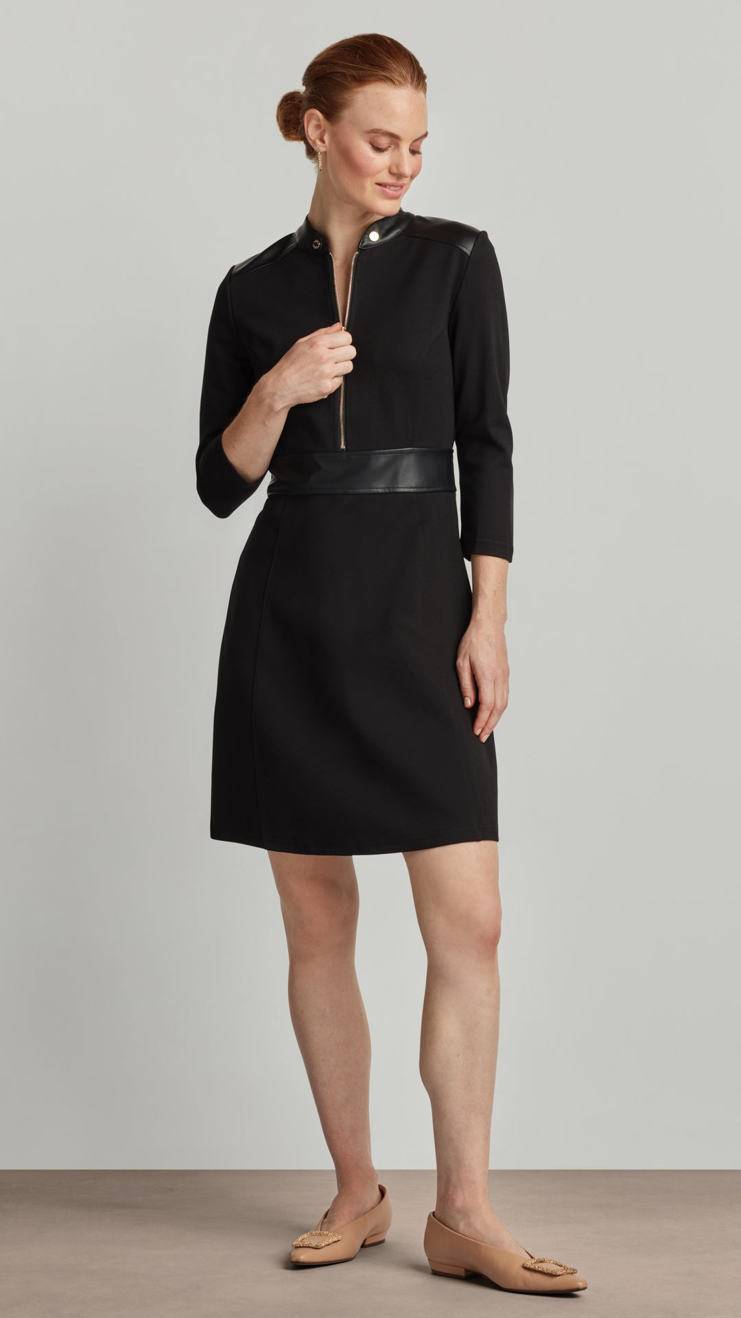 refined black belted sheath dress with mandarin collar High neck Black dress long sleeve, Mandarin collar dress, Fit and flare dresses for women, Midi modest elegant office dress formal TAVROVSKA