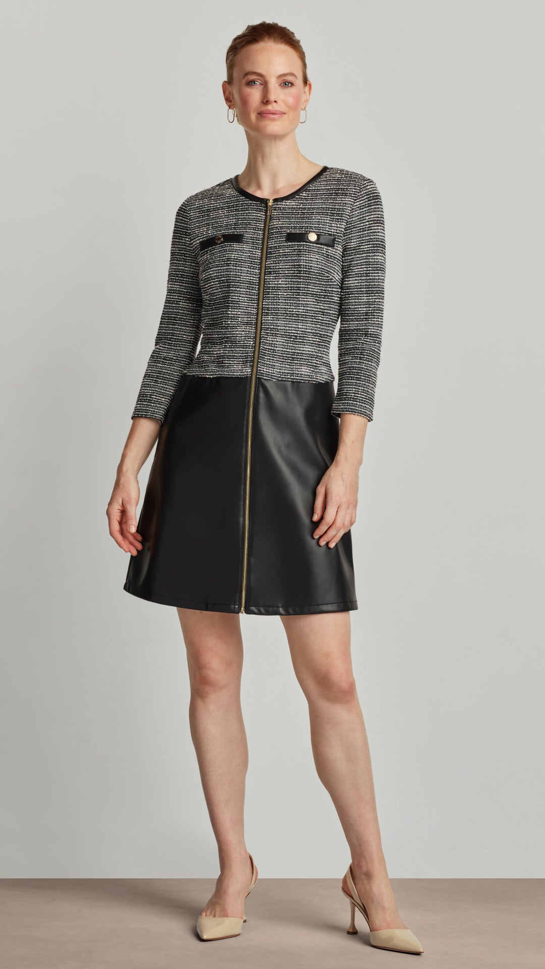 JACQUARD KNIT DRESS WITH VEGAN LEATHER SKIRT Black/White / L JACQUARD KNIT DRESS WITH VEGAN LEATHER SKIRT Black/White / L