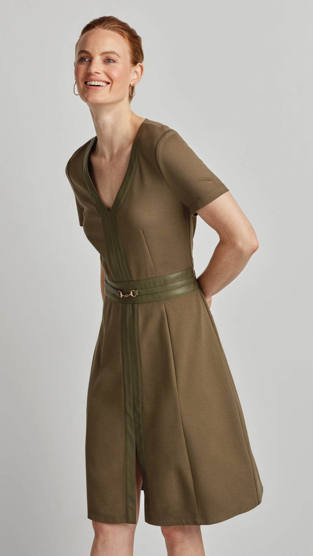 PONTE FLARE DRESS WITH VEGAN LEATHER TRIM Olive / XS PONTE FLARE DRESS WITH VEGAN LEATHER TRIM Olive / XS