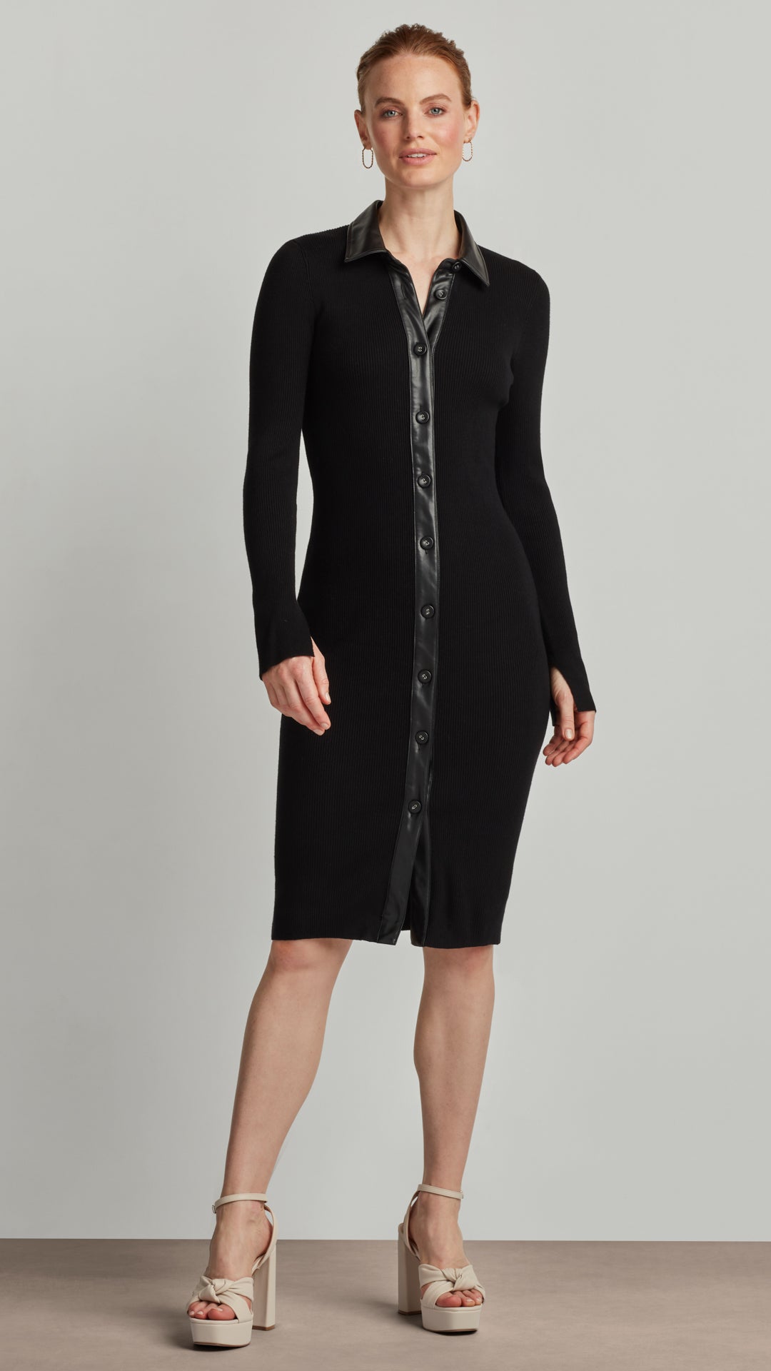 FRONT BUTTON RIB KNIT DRESS Black / L FRONT BUTTON RIB KNIT DRESS Black / L