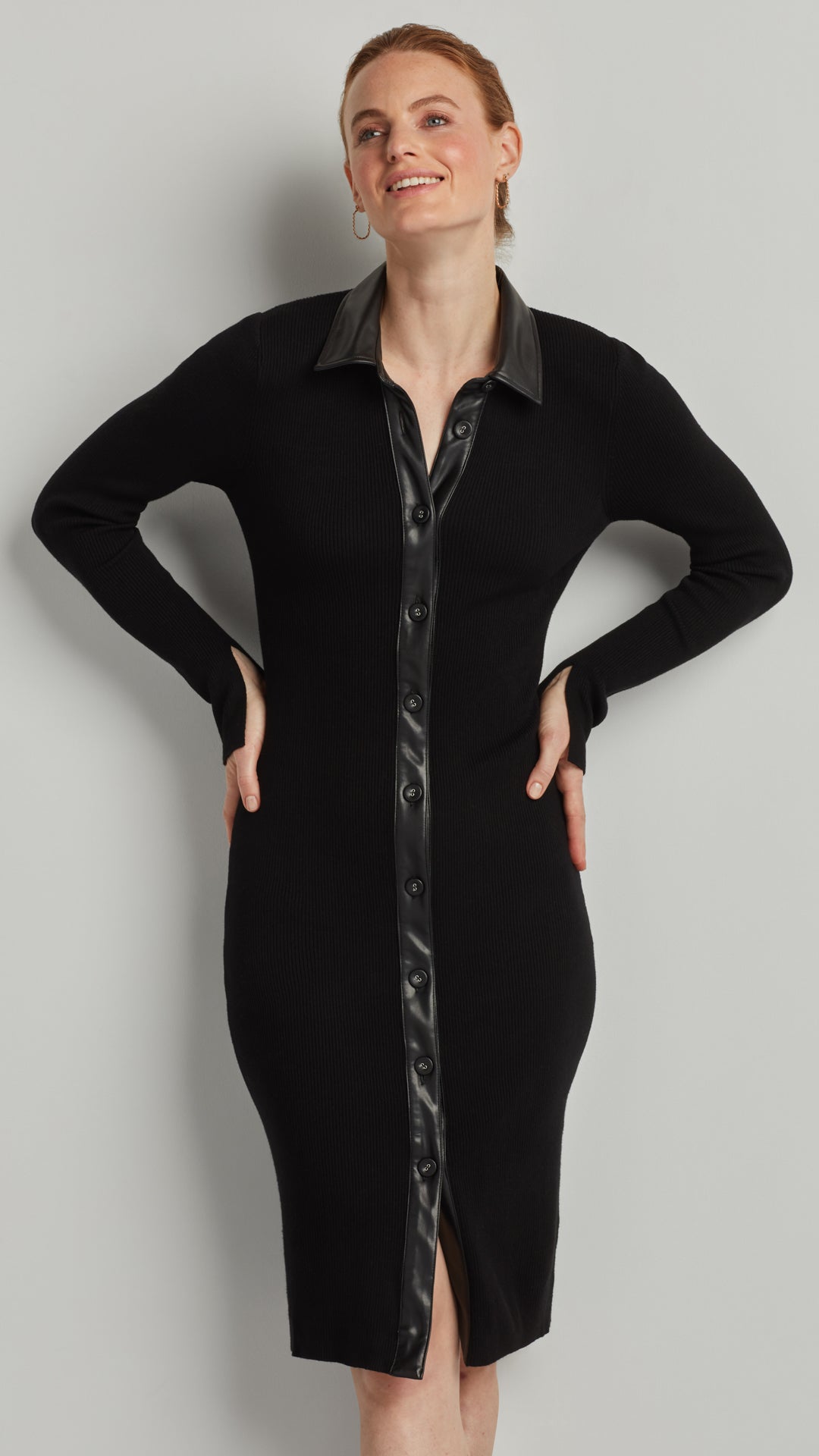 FRONT BUTTON RIB KNIT DRESS Black / L FRONT BUTTON RIB KNIT DRESS Black / L