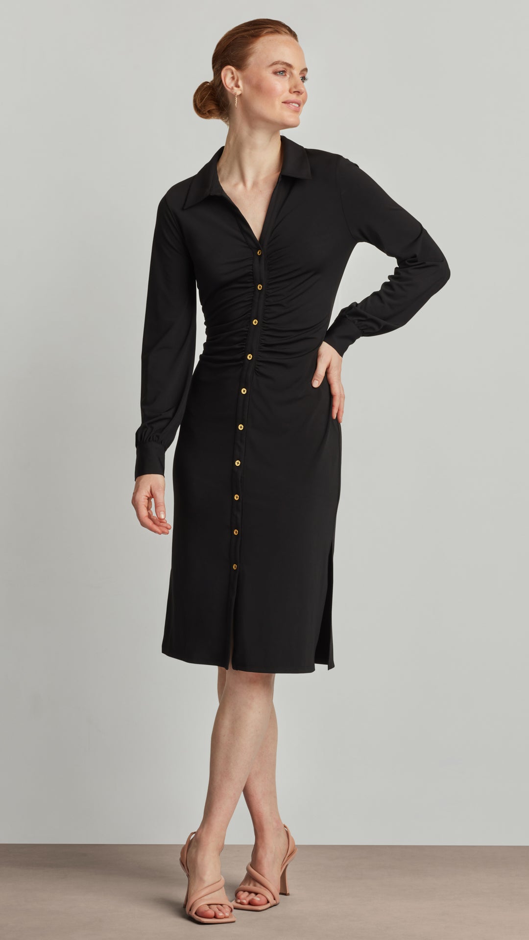 ruched front button up dress Women's Button Down Shirt Midi Dress, Tie Waist Ruched Front High Slit Casual Dress