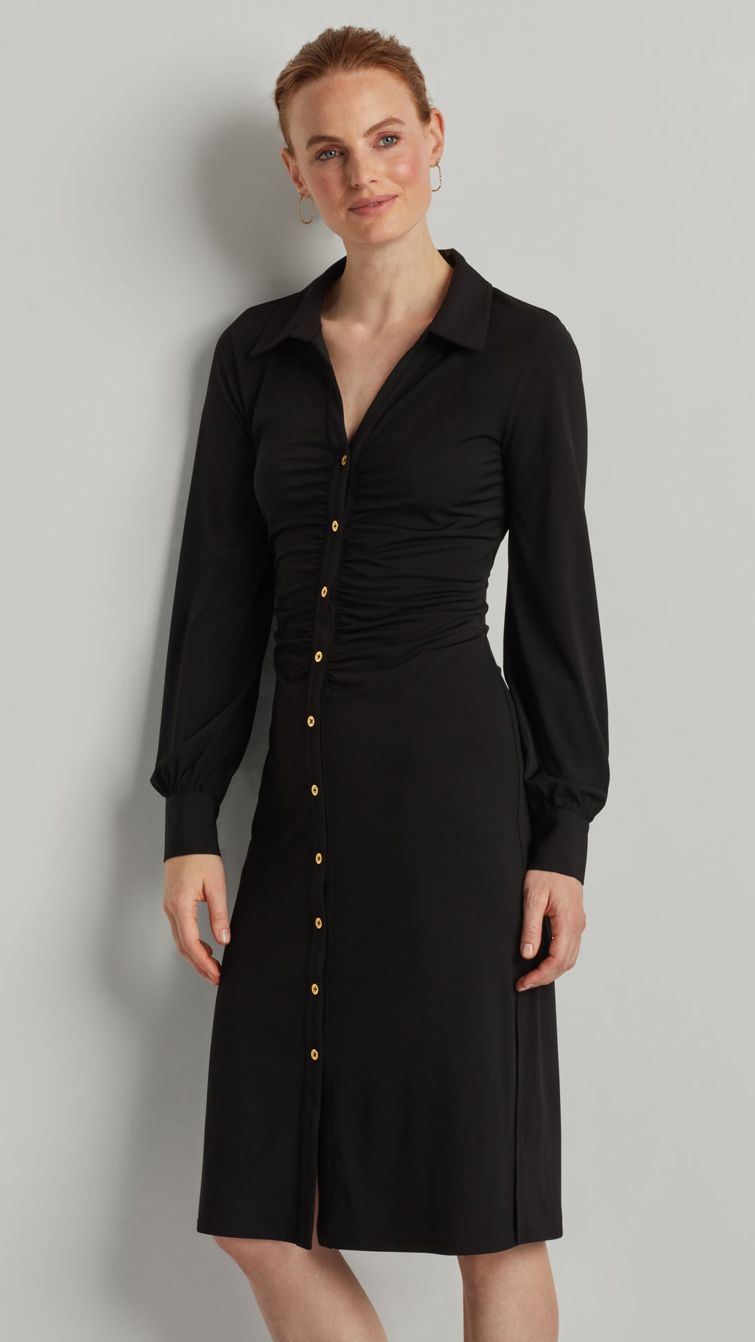 RUCHED SLEEVE BUTTON FRONT DRESS Ellen Tracy RUCHED SLEEVE BUTTON FRONT DRESS Ellen Tracy