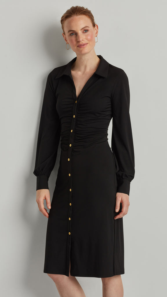 RUCHED SLEEVE BUTTON FRONT DRESS