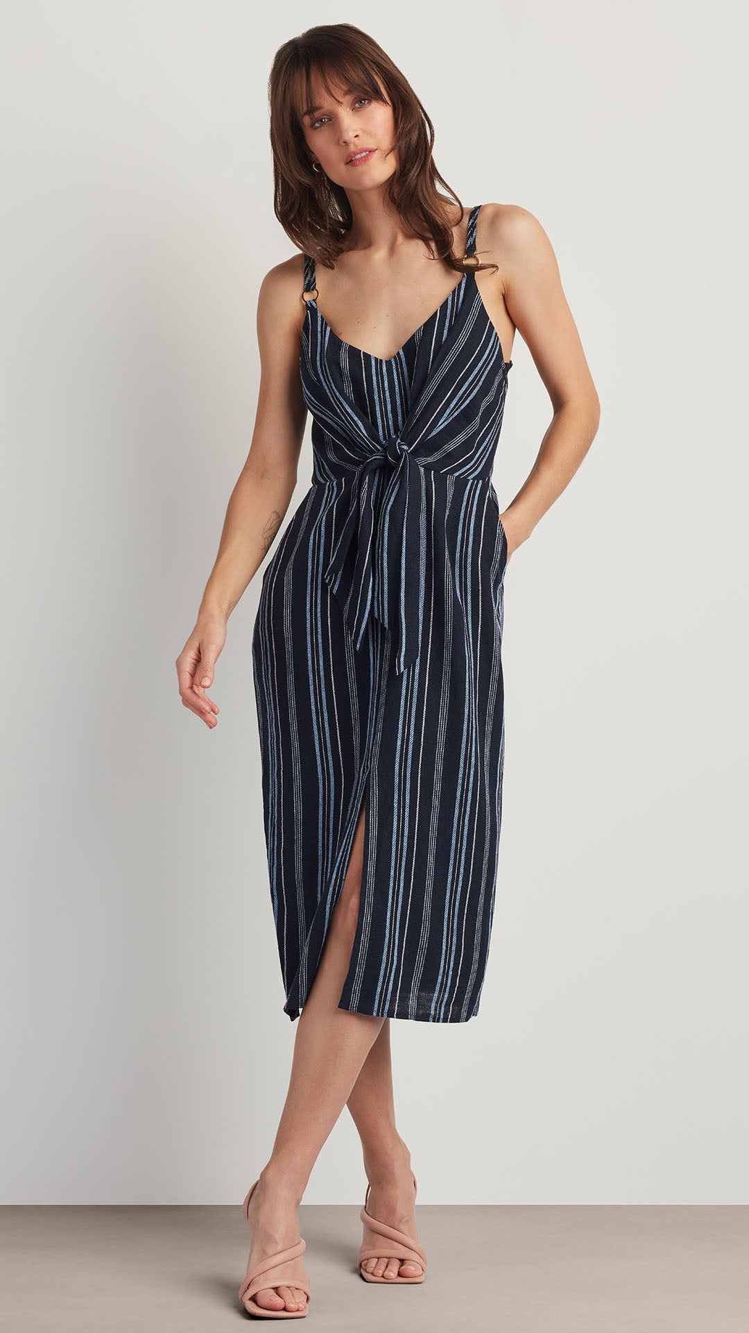 Tie Front Linen Blend Dress Navy Stripe / XL Tie Front Linen Blend Dress Navy Stripe / XL