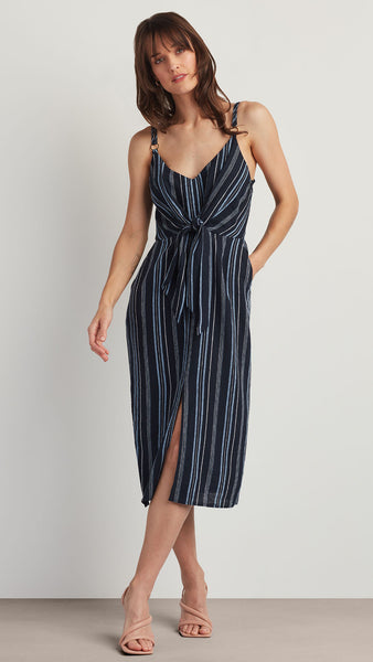 TIE FRONT LINEN BLEND DRESS Navy Stripe / XL