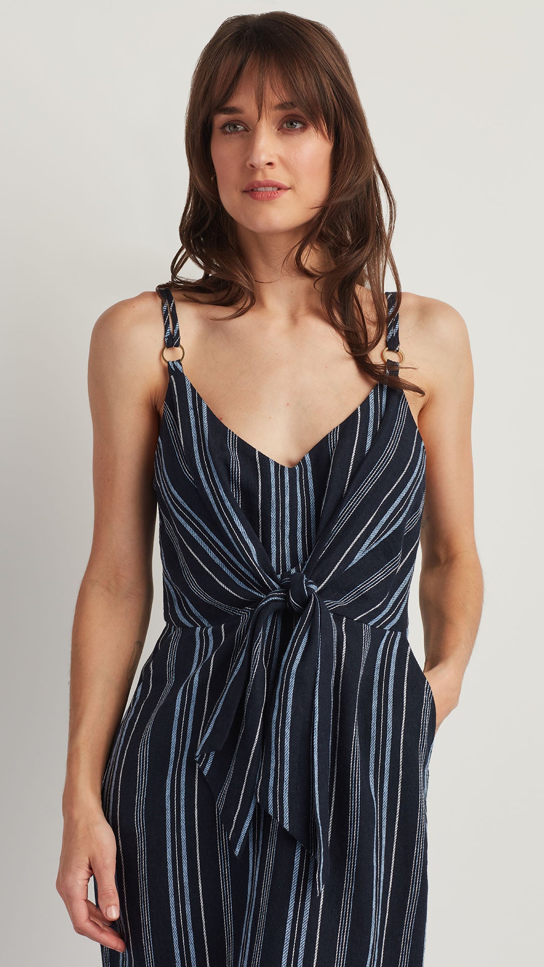 TIE FRONT LINEN BLEND DRESS Navy Stripe / XL TIE FRONT LINEN BLEND DRESS Navy Stripe / XL