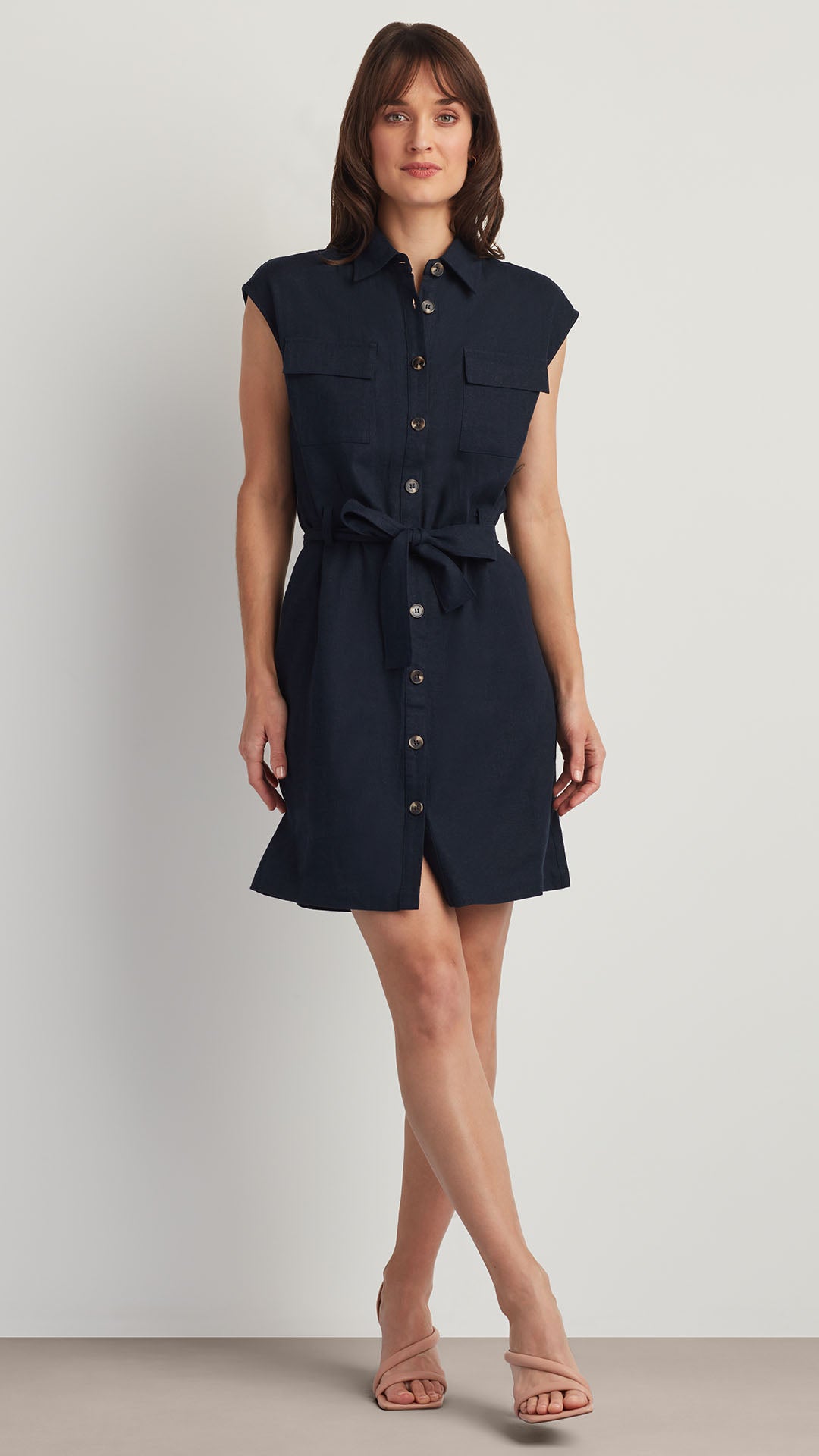 LINEN BLEND SHIRT DRESS Navy Stripe / M LINEN BLEND SHIRT DRESS Navy Stripe / M